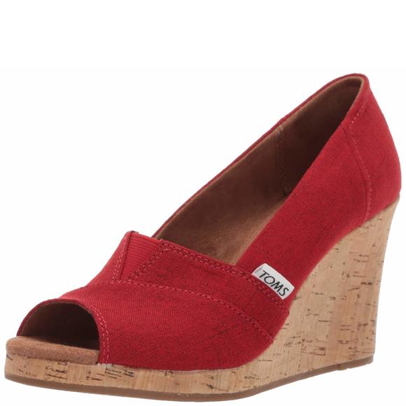 TOMS WOMEN'S CLASSIC ESPADRILLE WEDGE SANDAL, RED CROSSHATCH JACQUARD, 6 - Picture 1 of 6
